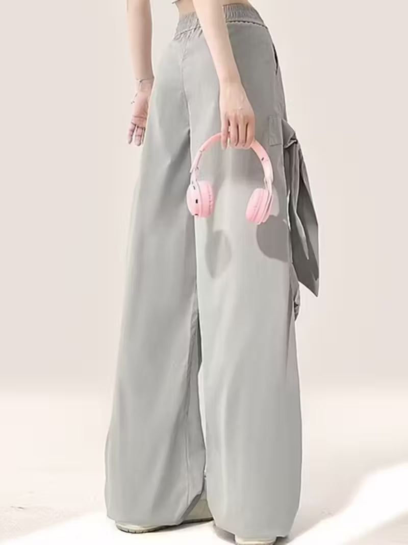 Women's High-Waisted Elastic Waist Baggy Pants with Adjustable Drawstring - Loose Wide Leg Casual Trousers, Solid Color All-Season Comfort, Machine Washable