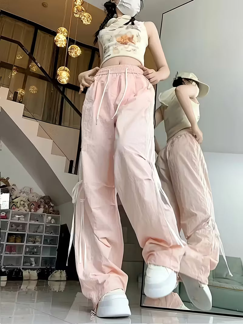 Quick-Dry Ice Sliky Fiber Fabric Bow Tie Wide-Leg Pants Women's Loose Fit Korean Style Straight Casual Long Trousers Ins Trend Design Slim-Fit Sports Pants