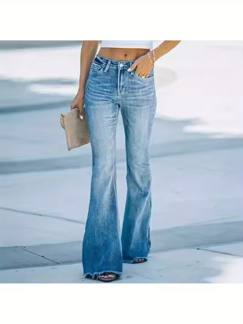 Women'S High-Waisted Flared Stretch Jeans - Slim Fit Bell Bottoms with Adjustable Belt, 2025 Autumn New Style, Elegant Solid Color, Pockets & Factory Direct, High Waisted Jeans, Casual Wear, Flared Leg Jeans, Comfortable Jeans