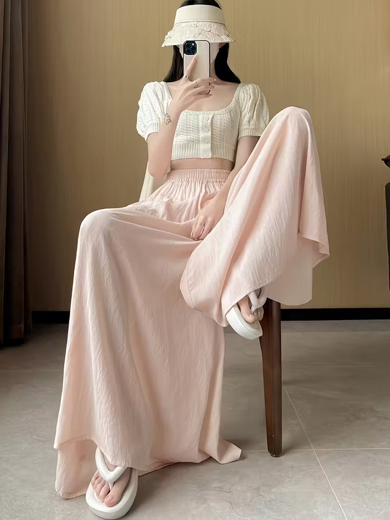Women'S Elegant Wide-Leg Pants - Soft Pink, Loose Fit, Elastic Waist, Lightweight & Comfortable for Spring/Summer/Fall, Casual Outings & Vacations, Casual Attire|Elastic Waistband|Comfortable Fit, Plus Size Pants