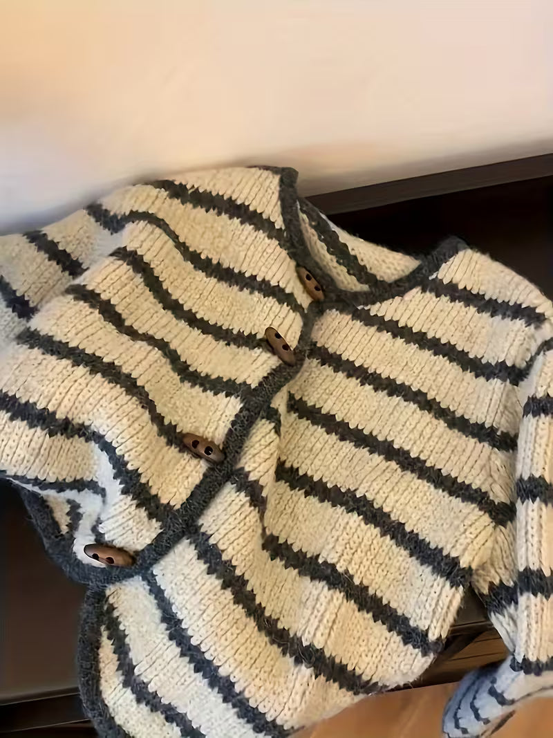 Women'S Vintage Sweater cardigan - Soft Loose Fit Jacket with Front Button Closure, & Brown Horizontal Stripes, All-Season Layering Piece for Casual Formal Outfits - Easy Care Everyday Chic Outerwear