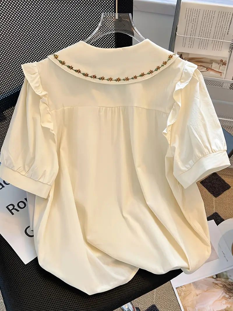 Women'S Elegant Floral Embroidered Blouse - Lightweight Polyester, Button-Up Shirt with Ruffled Collar & Cuffs, Perfect for Spring/Summer Vacations, Casual to Formal Wear, Casual Formal Blouse | Floral Embroidery Shirt | Stylish Embroidery