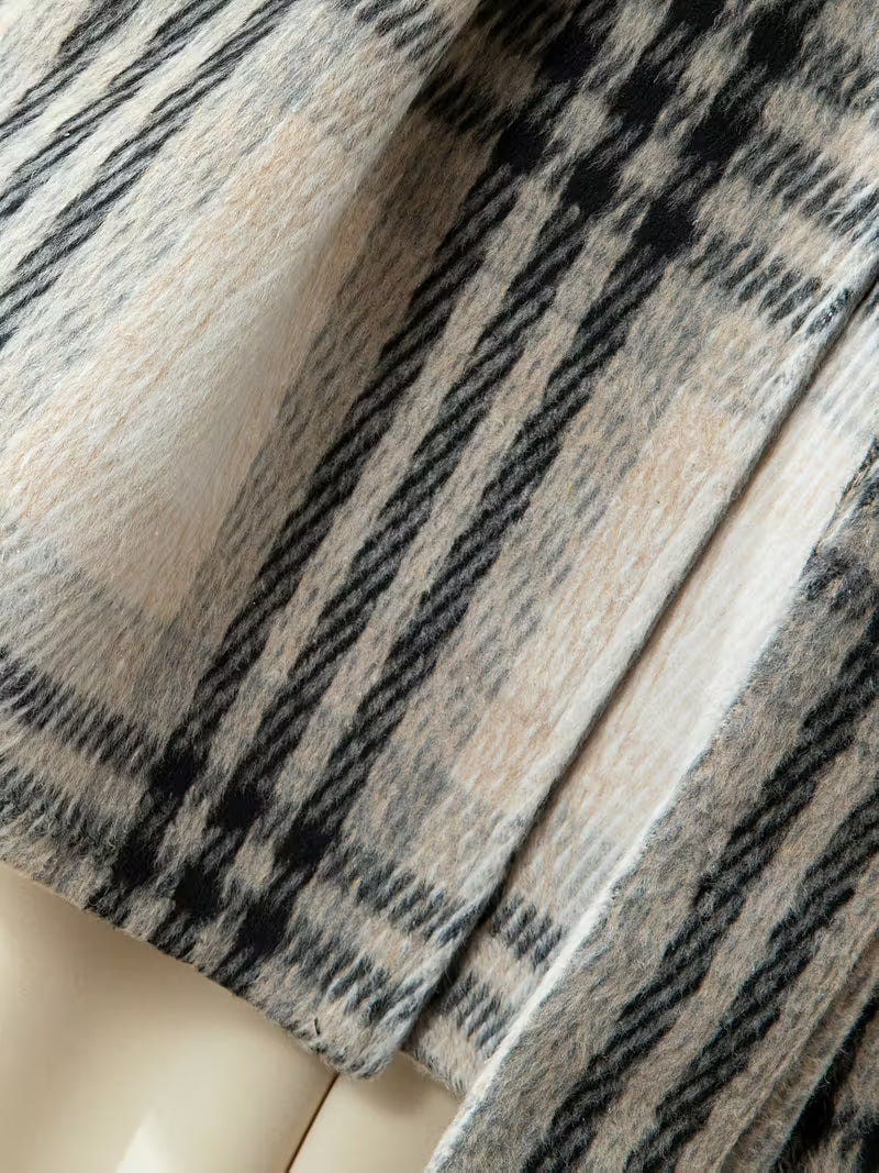 Women'S Korean-Inspired Navy Blue & White Gingham Checkered Tweed Coat - Autumn Winter Casual Chic Belted Waist Long Sleeve Coat with Pockets