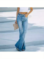 Women'S High-Waisted Flared Stretch Jeans - Slim Fit Bell Bottoms with Adjustable Belt, 2025 Autumn New Style, Elegant Solid Color, Pockets & Factory Direct, High Waisted Jeans, Casual Wear, Flared Leg Jeans, Comfortable Jeans