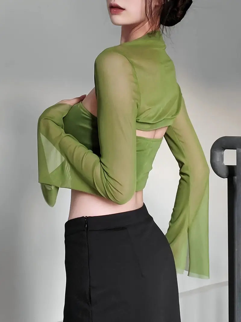 1 Set Women'S Sexy Off-Shoulder Crop Top with Long Mesh Sleeves - Solid Color Knit Fabric, Polyester, Regular Length, Spring/Fall Collection