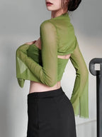 1 Set Women'S Sexy Off-Shoulder Crop Top with Long Mesh Sleeves - Solid Color Knit Fabric, Polyester, Regular Length, Spring/Fall Collection