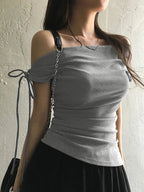 Women's Korean Style Off-Shoulder Short Sleeve T-Shirt - Lightweight Stretchy Top with Tie-Front Detail, Machine Washable Solid Color Casual Chic Blouse for Spring/Summer