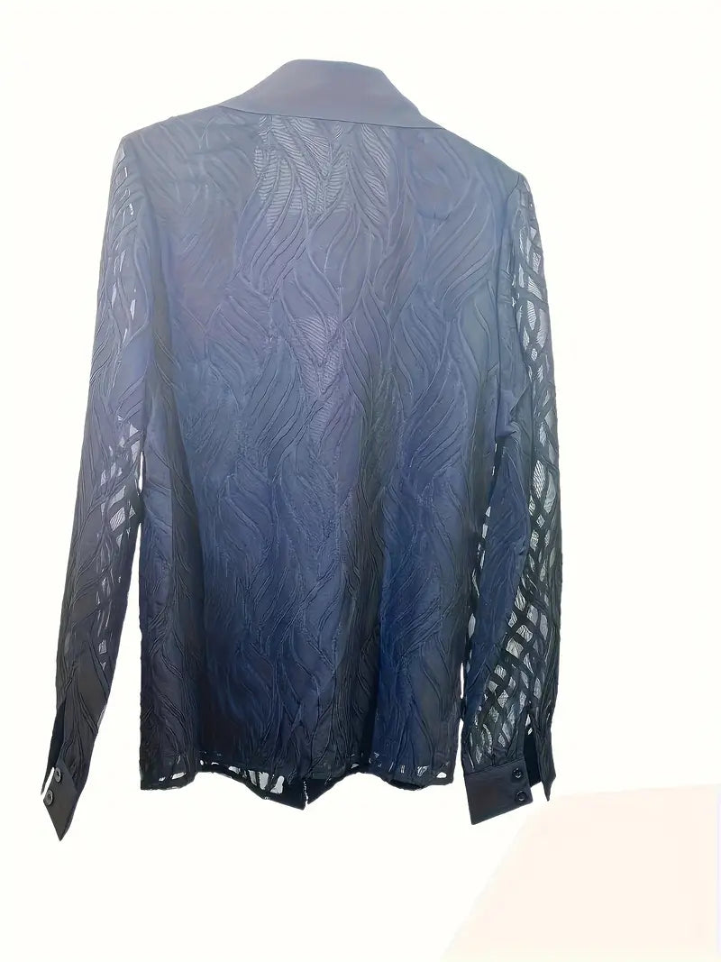 Elegant Women'S Blouse with Textured Mesh Sleeves - Chic French-Inspired Vintage Collar, Long Sleeve, Button-Up Shirt for Spring & Fall, Brown & Black Color Block Design, Spring Fashion Top | Chic French Style | Buttonup Shirt