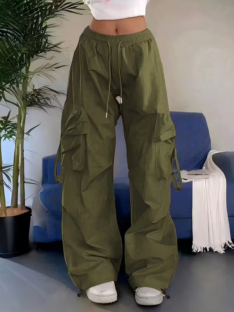 Loose straight leg work pants, casual Y2K pocket high waist solid wide leg fashion comfortable pants, Women's clothing