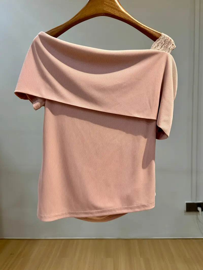 Chic Off-Shoulder Ruffle Top with Bow Detail - Versatile, Slimming, Short Sleeve T-Shirt for Young Women, Spring/Summer Fashion, Casual Attire|Chic Offshoulder Top|Ruffle Detail Top, Offshoulder Tops