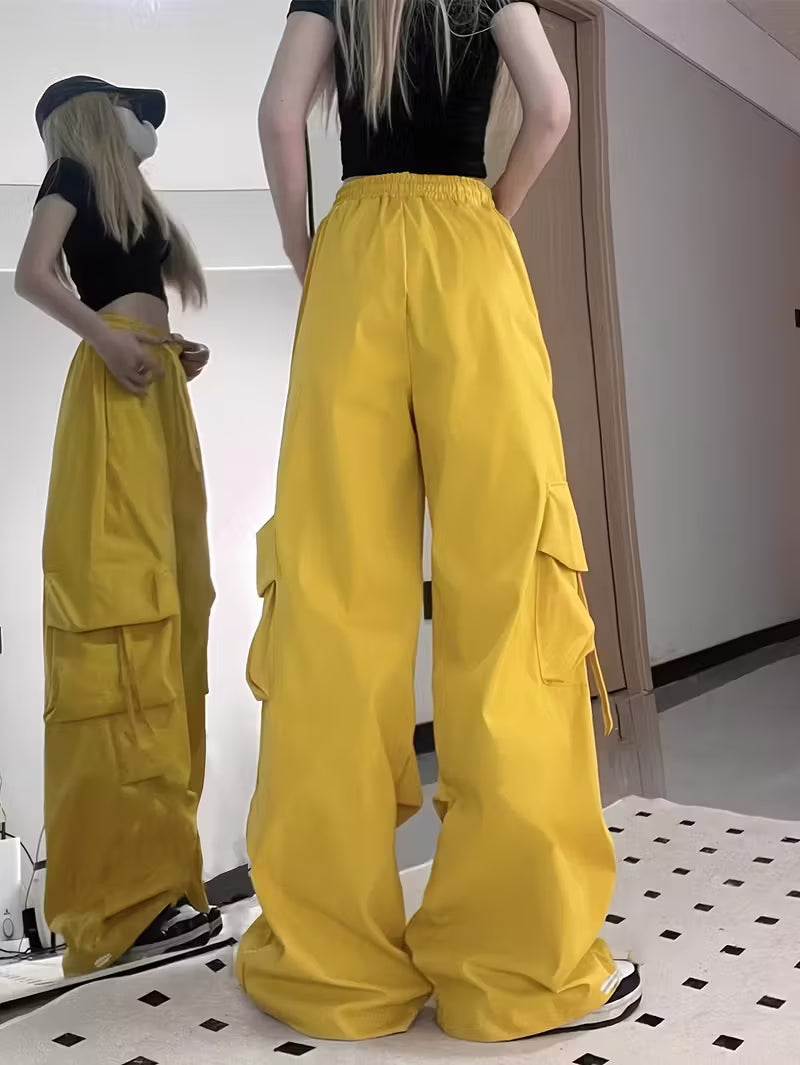Y2K Style Women'S Cargo Pants - Stretchy Waist Wide-Leg Trousers with Large Pockets, Loose Fit Casual Outdoor & Leisure Wear, Solid Color, Versatile Trousers | Y2K Fashion Pants | Elastic Waistband Pants