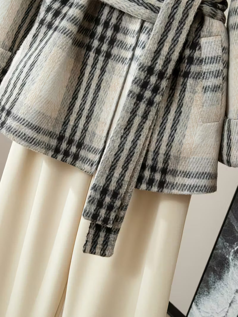 Women'S Korean-Inspired Navy Blue & White Gingham Checkered Tweed Coat - Autumn Winter Casual Chic Belted Waist Long Sleeve Coat with Pockets