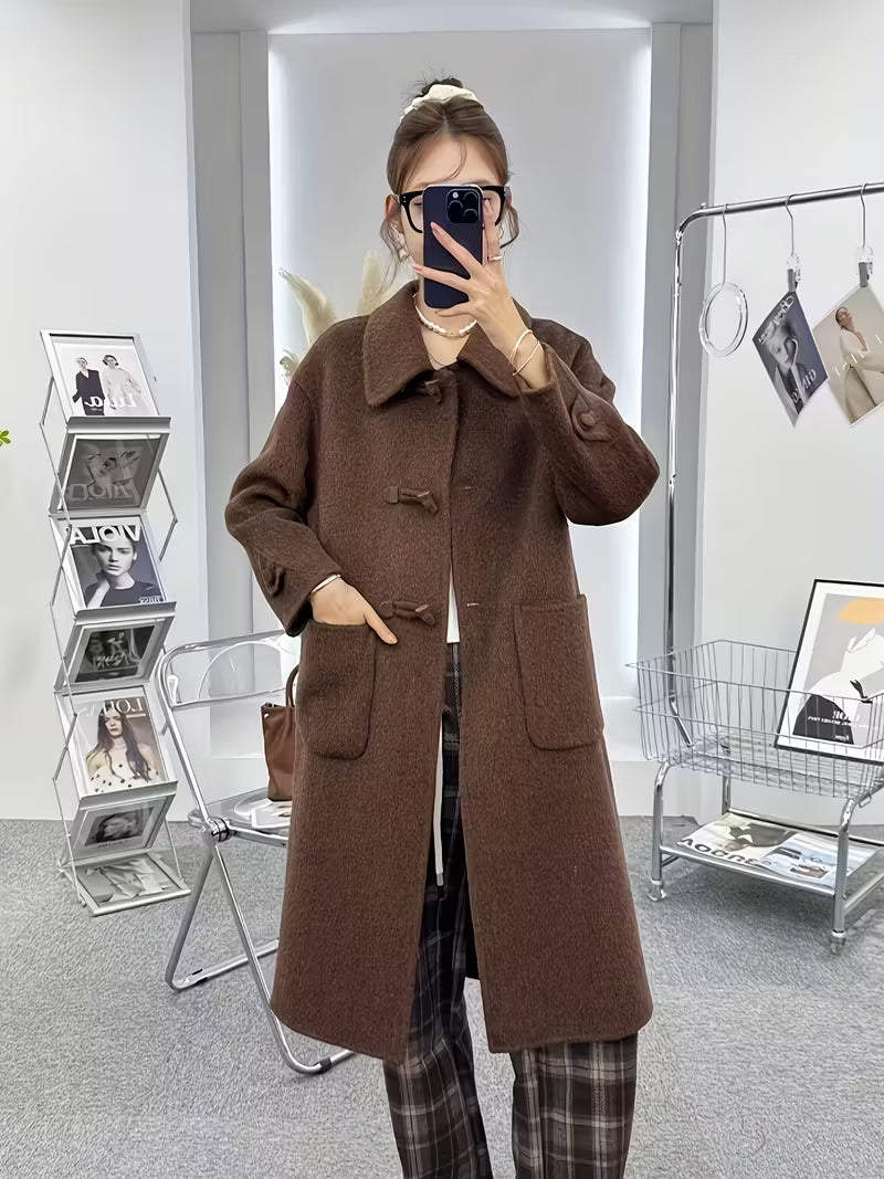 Women's Elegant Beige Winter Coat - Structured Outerwear with Fake Buttons, Non-Transparent Cold Weather Jacket for Formal & Everyday Outfits - Dry Clean Only, Ladies Winter Coats, Seasonal Fashion, Classic Style, Durable Material, Office Attire