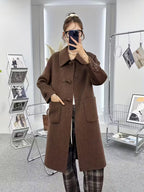 Women's Elegant Beige Winter Coat - Structured Outerwear with Fake Buttons, Non-Transparent Cold Weather Jacket for Formal & Everyday Outfits - Dry Clean Only, Ladies Winter Coats, Seasonal Fashion, Classic Style, Durable Material, Office Attire