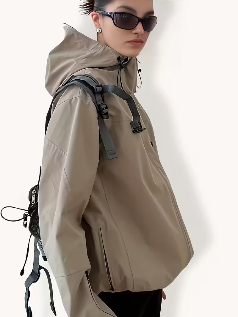 Women'S Windproof Full-Zip Hooded Jacket - Loose-Fit Long Sleeve Windproof Coat with Full-Zip Front Closure, Beige/Black/Gray/Navy/White - All-Season Casual Outerwear for, Travel