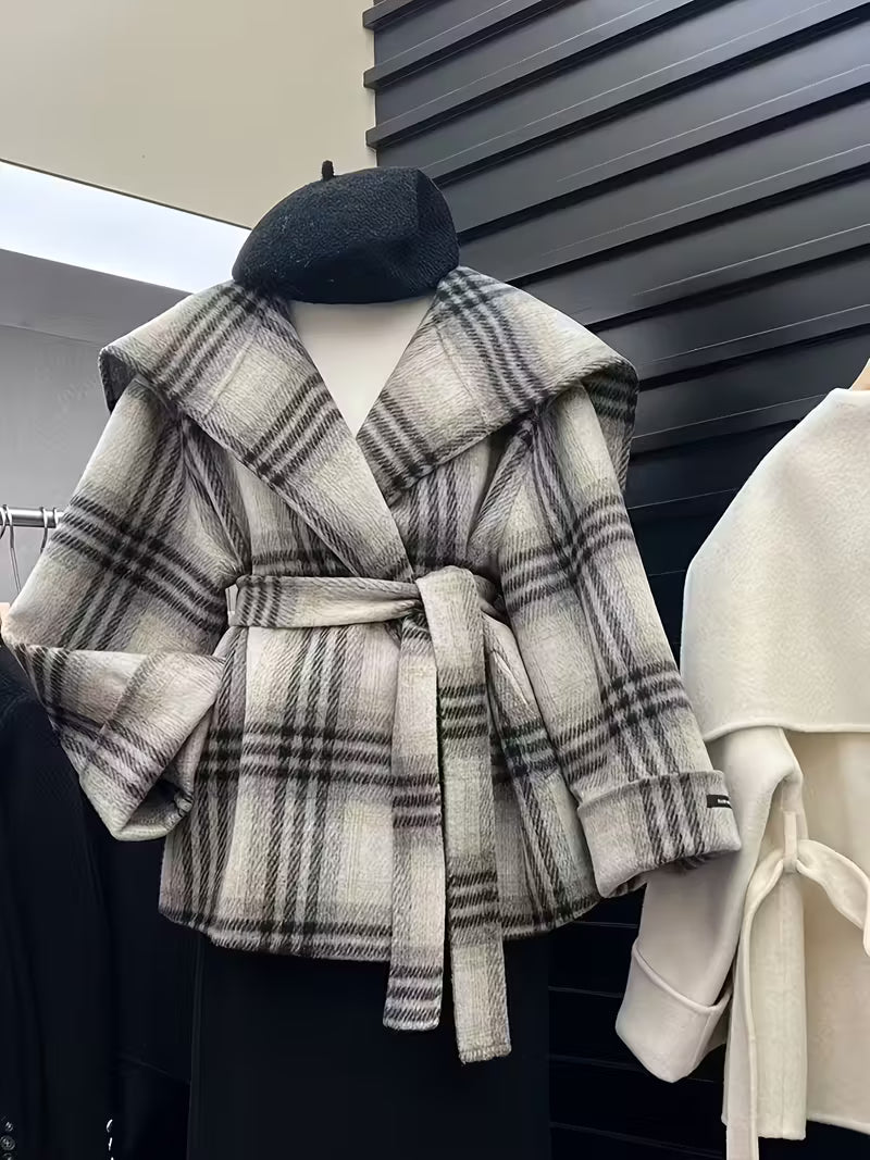 Women'S Korean-Inspired Navy Blue & White Gingham Checkered Tweed Coat - Autumn Winter Casual Chic Belted Waist Long Sleeve Coat with Pockets