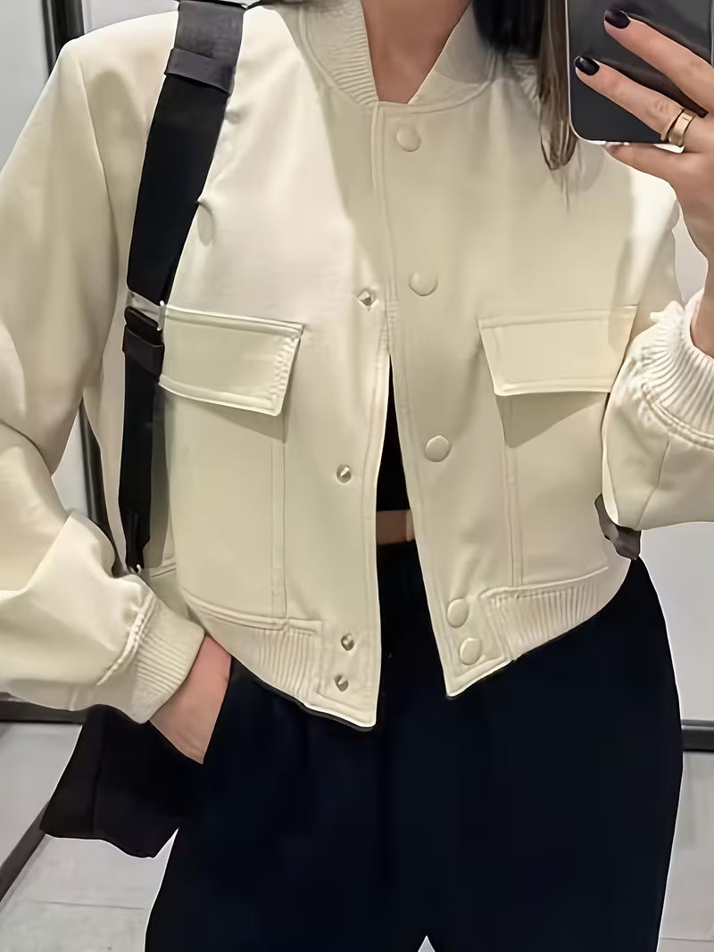 Women's Cropped Bomber Jacket | Button Varsity Shackets with Pockets