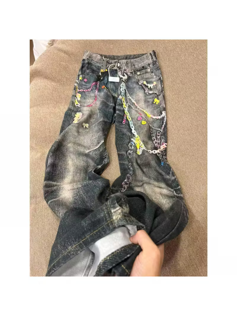 Women'S Vintage Tie-Dye Heavyweight 3D Color Chain Print Jeans - Wide-Leg Straight-Leg Mid-Rise Belted Pants with Fringe-Free Hem, All-Season Casual to Semi-Formal Wear, Non-Stretch Durable Fabric