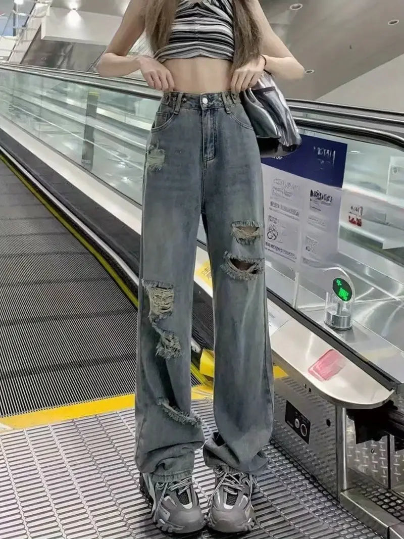 Ripped Jeans for Women Pants Design Sense Niche Extended Version Loose Wide Leg Pants