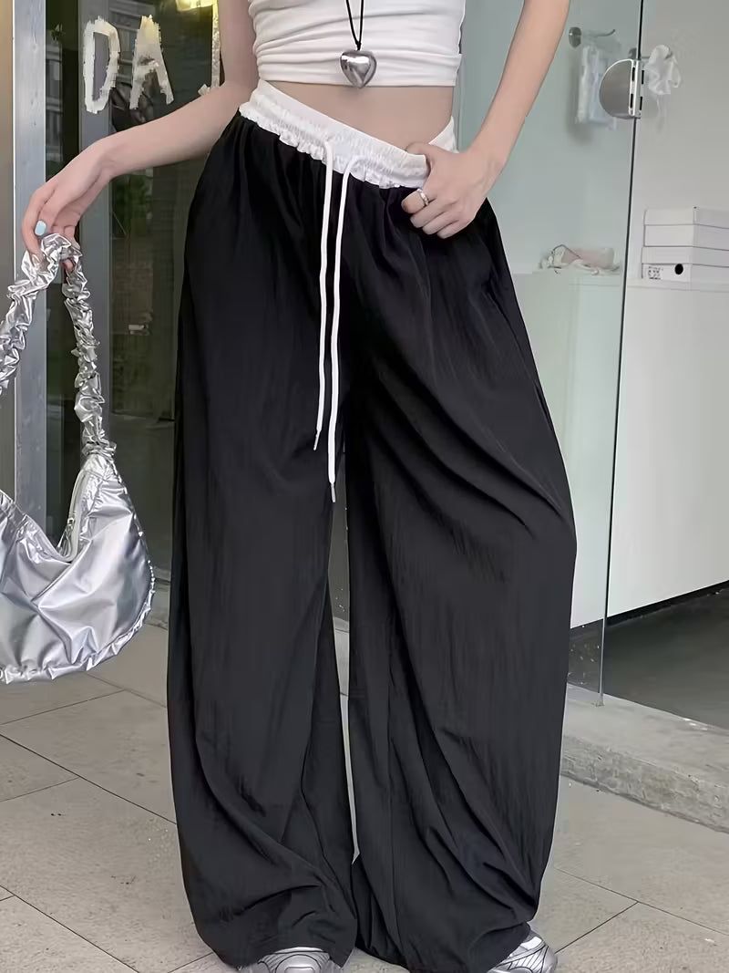 Stylish Color-Block High-Waist Elastic Waist Casual Wide-Leg Pants