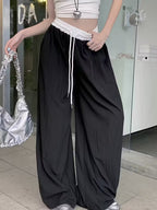 Stylish Color-Block High-Waist Elastic Waist Casual Wide-Leg Pants