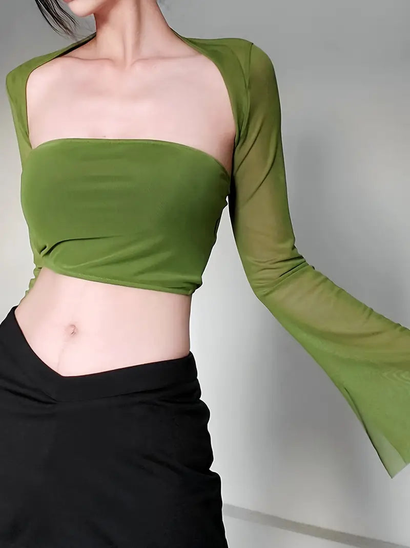 1 Set Women'S Sexy Off-Shoulder Crop Top with Long Mesh Sleeves - Solid Color Knit Fabric, Polyester, Regular Length, Spring/Fall Collection