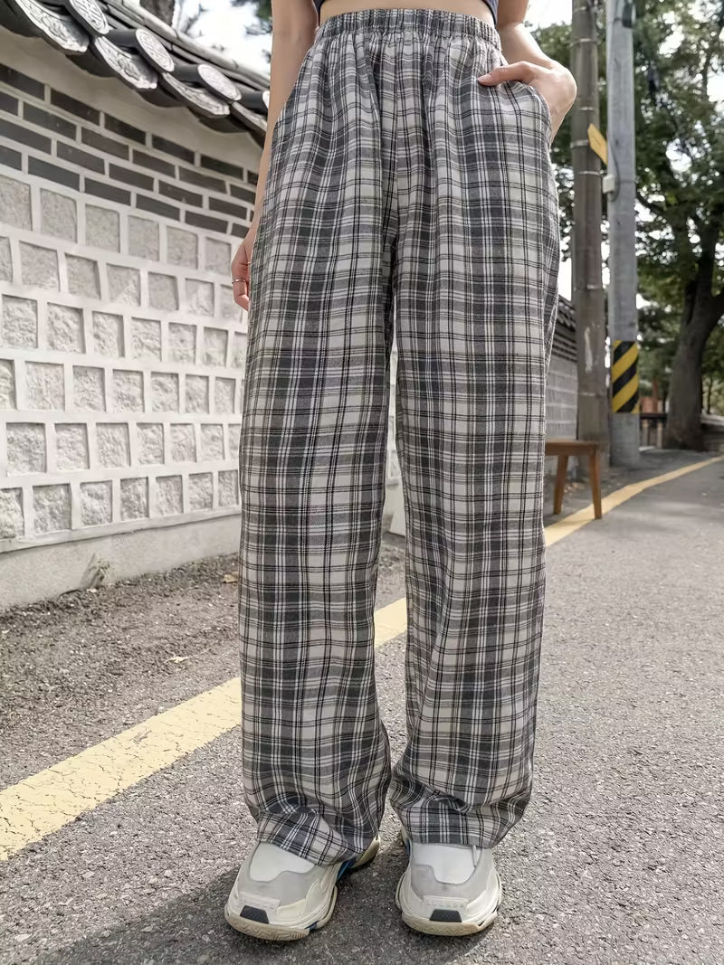 Plaid Elastic High Waist Pocket Pants, Casual Wide Leg Pants For Spring & Fall, Women's Clothing