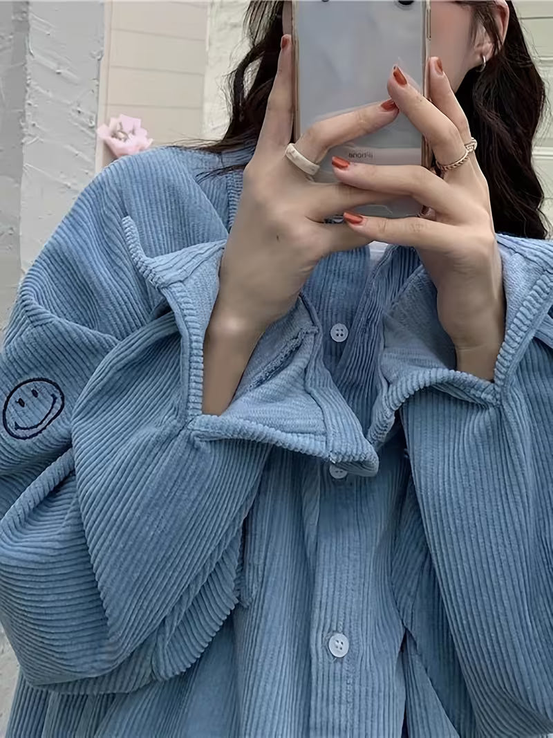 Women's Corduroy Blazer Jacket - Oversized Collar Long Sleeve Coat, Corduroy Button-Front Jacket for Spring/Fall Layering, Casual & Professional Wear (No Belt, Hand Wash/Dry Clean)