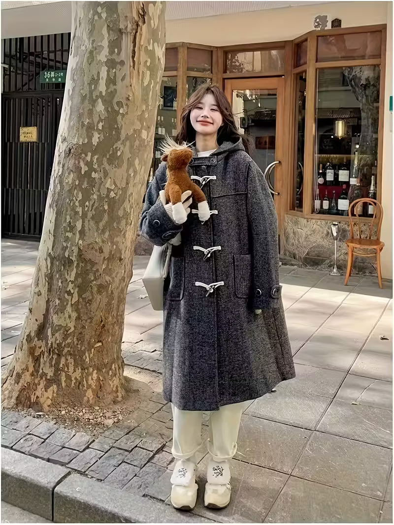 Women'S Chic Double-Breasted Tweed Coat - Thickened Autumn/Winter Outerwear with Button Details, Loose Fit, Solid Gray, Casual Style, Casual Outerwear | Buttoned Coat | Button Detailing