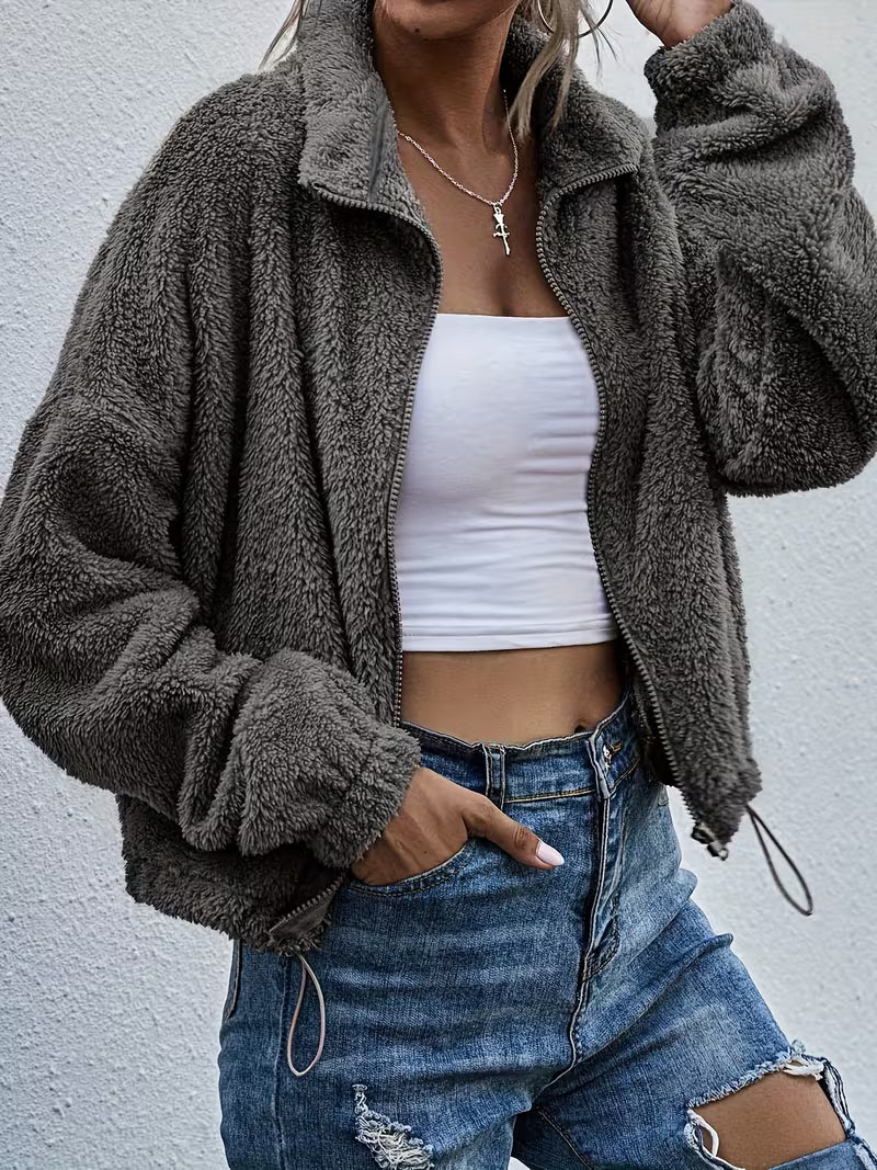 Grey Stand-up Collar Coat For Women, Loose Zipper Cardigan For Autumn And Winter, Short Thick And Warm Plush Top, Dress, Elegant, Winter, Long Dress, Winter Jacket, Sweater, Pullover, Autumn And Winter Set, Halloween, Christmas