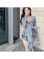 Women's French V-Neck Tie-Dye Blouse - Blue Ombre Long Sleeve Shirt with Ruffled Collar & Striped Pattern