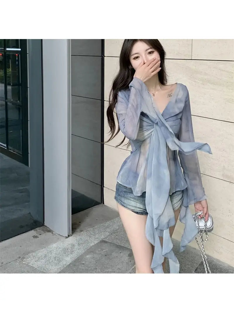Women's French V-Neck Tie-Dye Blouse - Blue Ombre Long Sleeve Shirt with Ruffled Collar & Striped Pattern