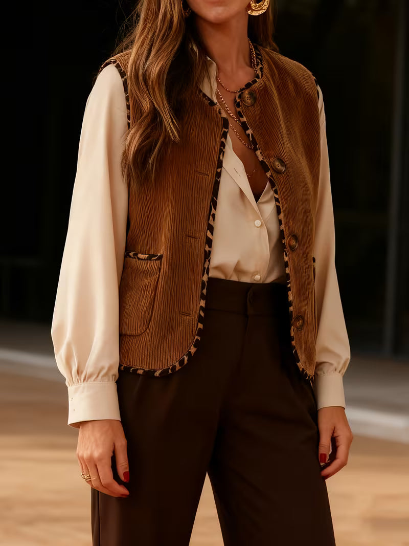 Women's Leopard Print Button-Front Sleeveless Blazer Jacket - Elegant Spring/Fall Outerwear with Open Collar, Machine Washable Coat for, Semi-Formal Events & Casual Outfits