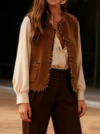 Women's Leopard Print Button-Front Sleeveless Blazer Jacket - Elegant Spring/Fall Outerwear with Open Collar, Machine Washable Coat for, Semi-Formal Events & Casual Outfits