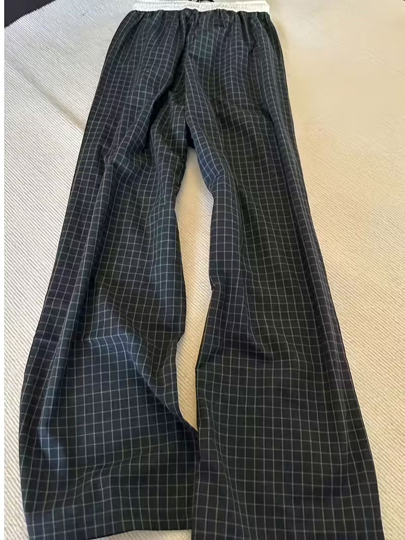 Women's Non-Stretch Pants - Elegant Casual Trousers with Drawstring Waist, Navy & Black Grid Pattern for Everyday Formal Outfits - Machine Washable Non-Stretchy Leg Pants, Summer Leisurewear, Smooth Texture Fabric