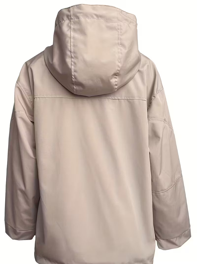 Women'S Windproof Full-Zip Hooded Jacket - Loose-Fit Long Sleeve Windproof Coat with Full-Zip Front Closure, Beige/Black/Gray/Navy/White - All-Season Casual Outerwear for, Travel