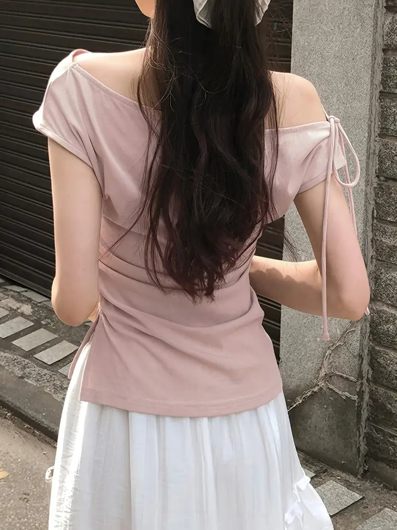 Women's Korean Style Off-Shoulder Short Sleeve T-Shirt - Lightweight Stretchy Top with Tie-Front Detail, Machine Washable Solid Color Casual Chic Blouse for Spring/Summer