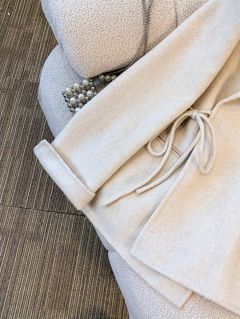 Women's Elegant White Wool Coat - Short Length Lapel Collar Tailored Winter Jacket with Belt