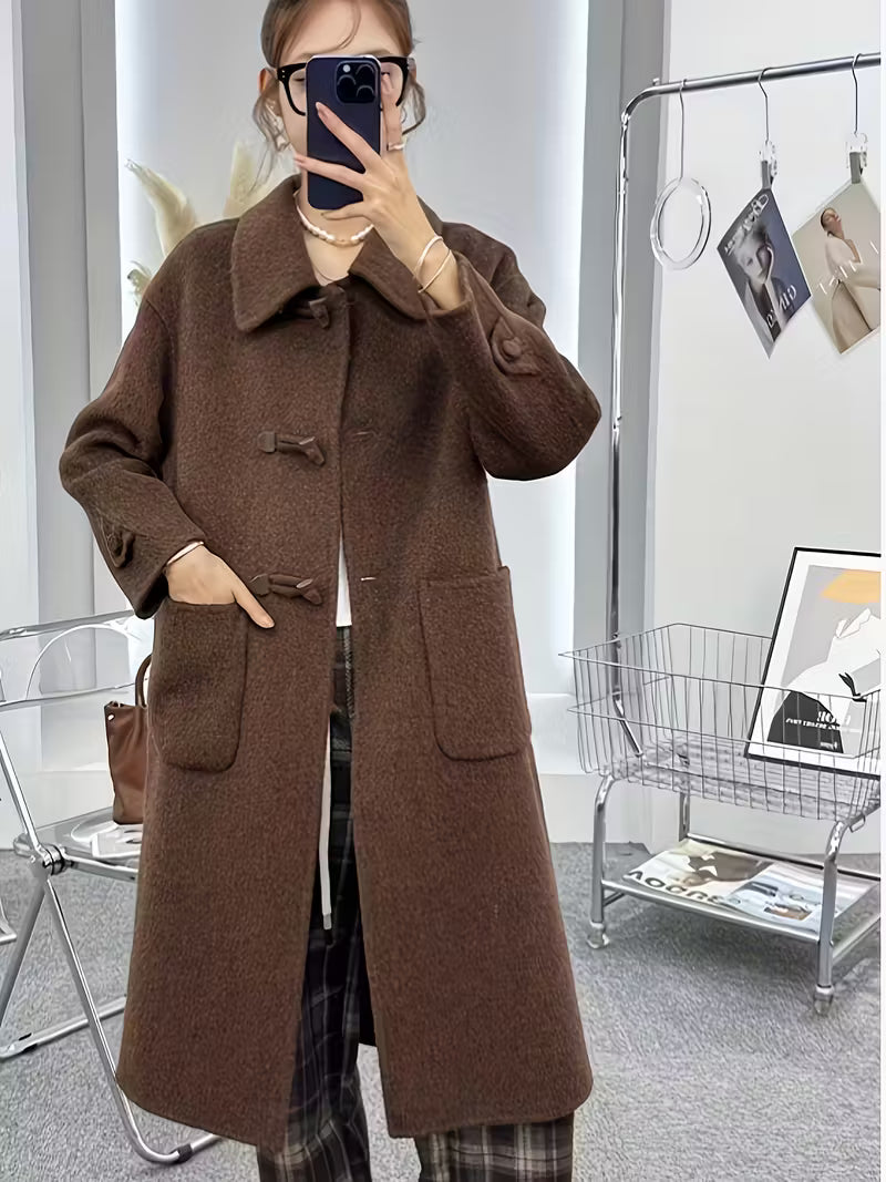 Women's Elegant Beige Winter Coat - Structured Outerwear with Fake Buttons, Non-Transparent Cold Weather Jacket for Formal & Everyday Outfits - Dry Clean Only, Ladies Winter Coats, Seasonal Fashion, Classic Style, Durable Material, Office Attire