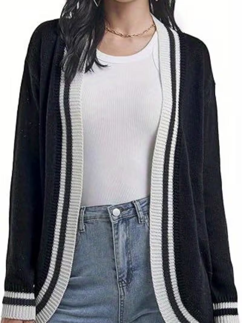 1pc Women's Black Oversized Long Sleeve Cardigan Jacket - High-Stretch Winter Coat with Front Opening & Pockets, -Free Collar, Hand Washable Sweater for Fall/Winter Layering (Casual & Formal Wear)