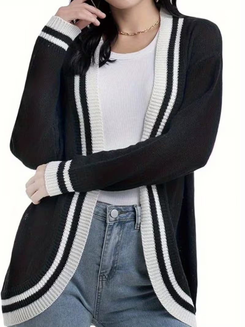 1pc Women's Black Oversized Long Sleeve Cardigan Jacket - High-Stretch Winter Coat with Front Opening & Pockets, -Free Collar, Hand Washable Sweater for Fall/Winter Layering (Casual & Formal Wear)