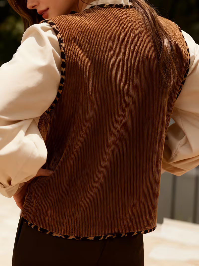 Women's Leopard Print Button-Front Sleeveless Blazer Jacket - Elegant Spring/Fall Outerwear with Open Collar, Machine Washable Coat for, Semi-Formal Events & Casual Outfits