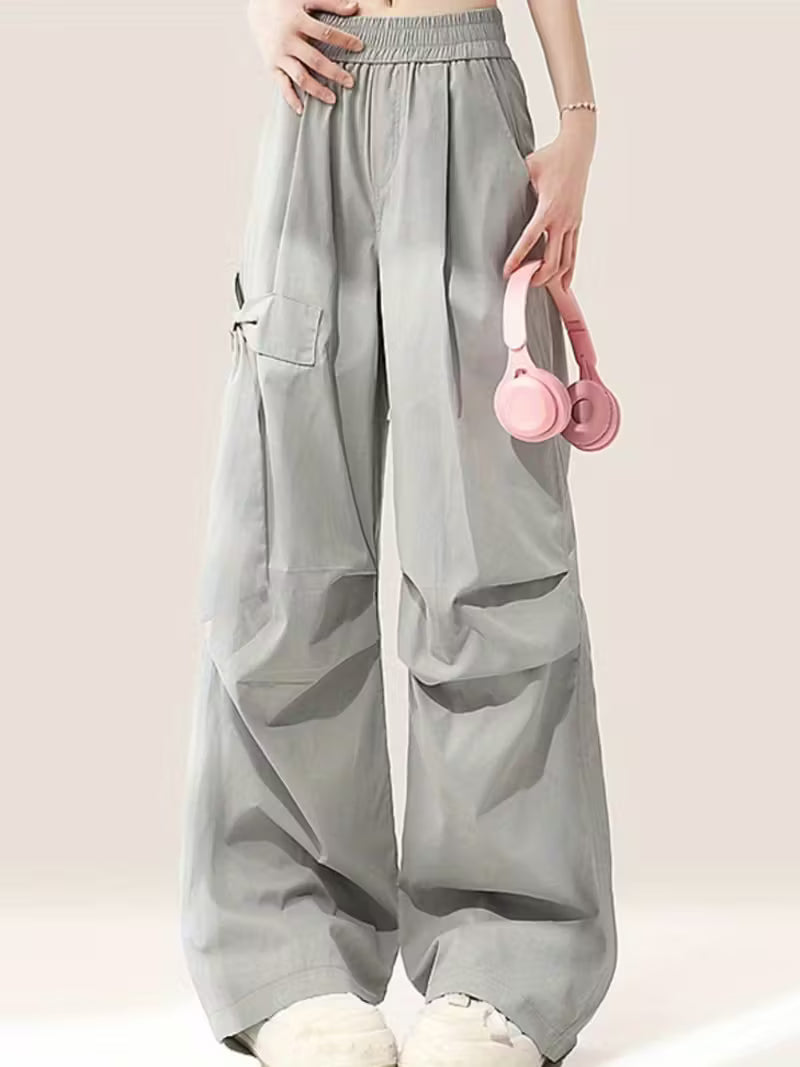 Women's High-Waisted Elastic Waist Baggy Pants with Adjustable Drawstring - Loose Wide Leg Casual Trousers, Solid Color All-Season Comfort, Machine Washable