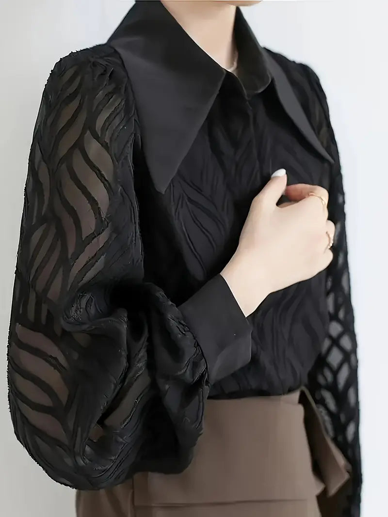 Elegant Women'S Blouse with Textured Mesh Sleeves - Chic French-Inspired Vintage Collar, Long Sleeve, Button-Up Shirt for Spring & Fall, Brown & Black Color Block Design, Spring Fashion Top | Chic French Style | Buttonup Shirt