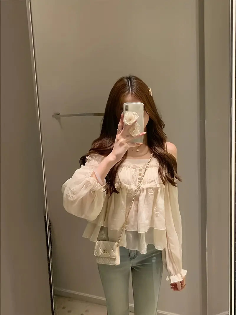 Women's Sexy Off-the-Shoulder Camisole Top with Lantern Sleeves & Embroidery - Lightweight Semi-Sheer Loose Fit Summer Beach Shirt, Machine Washable