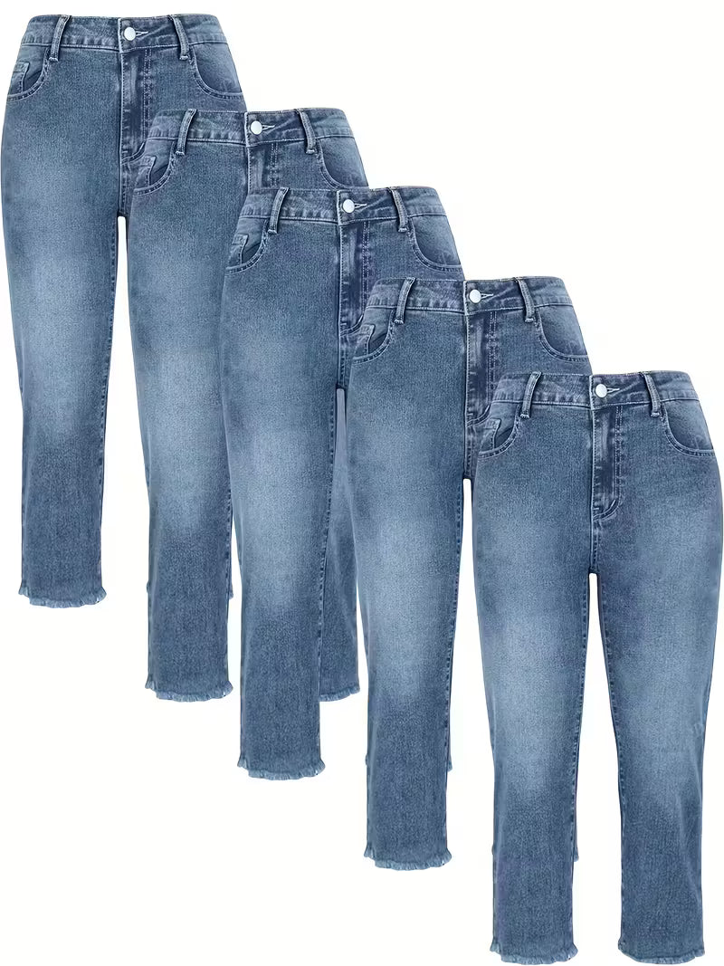 5pcs Women's Casual Slim-fit Jeans, Made Of Viscose Blend Elastic Fabric, Solid Color Design with Fur Edge Details, Suitable for Wearing In Autumn And Winter