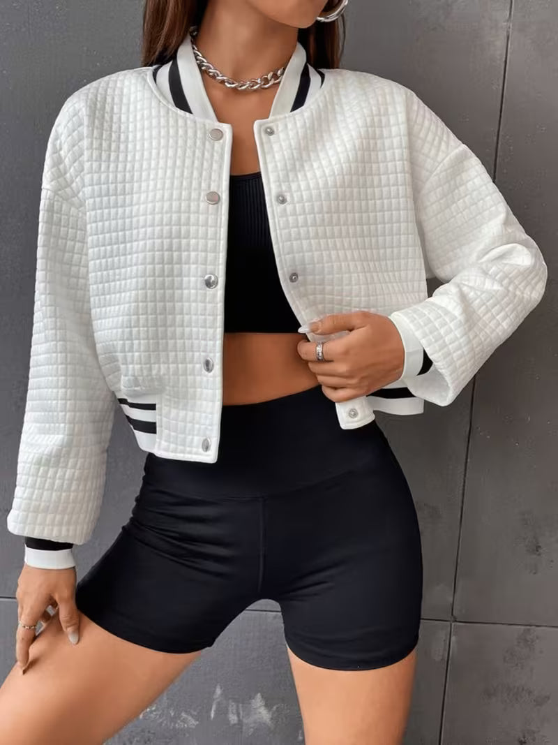 Women's Quilted Jacket with Button-Front Placket & Striped Trim - Short Casual Button-Accent Sweatshirt, Machine Washable All-Season Outerwear for Blouses/ Dresses