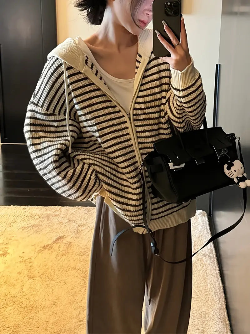 1pc Women's Oversized Striped Sweater Coat - Beige/Brown/White Horizontal Stripes Hooded Zipper Cardigan with Drawstring Collar, Relaxed Loose Fit Long Sleeve Coat for Spring & Fall, Machine Washable Casual Outerwear
