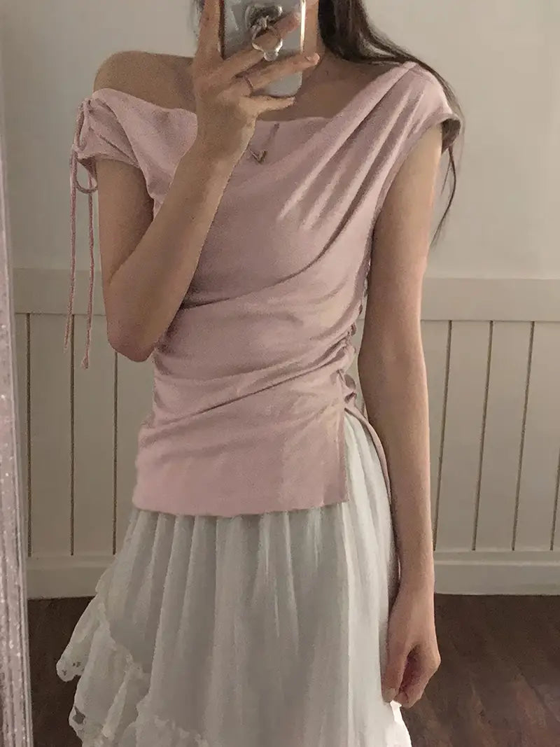 Women's Korean Style Off-Shoulder Short Sleeve T-Shirt - Lightweight Stretchy Top with Tie-Front Detail, Machine Washable Solid Color Casual Chic Blouse for Spring/Summer