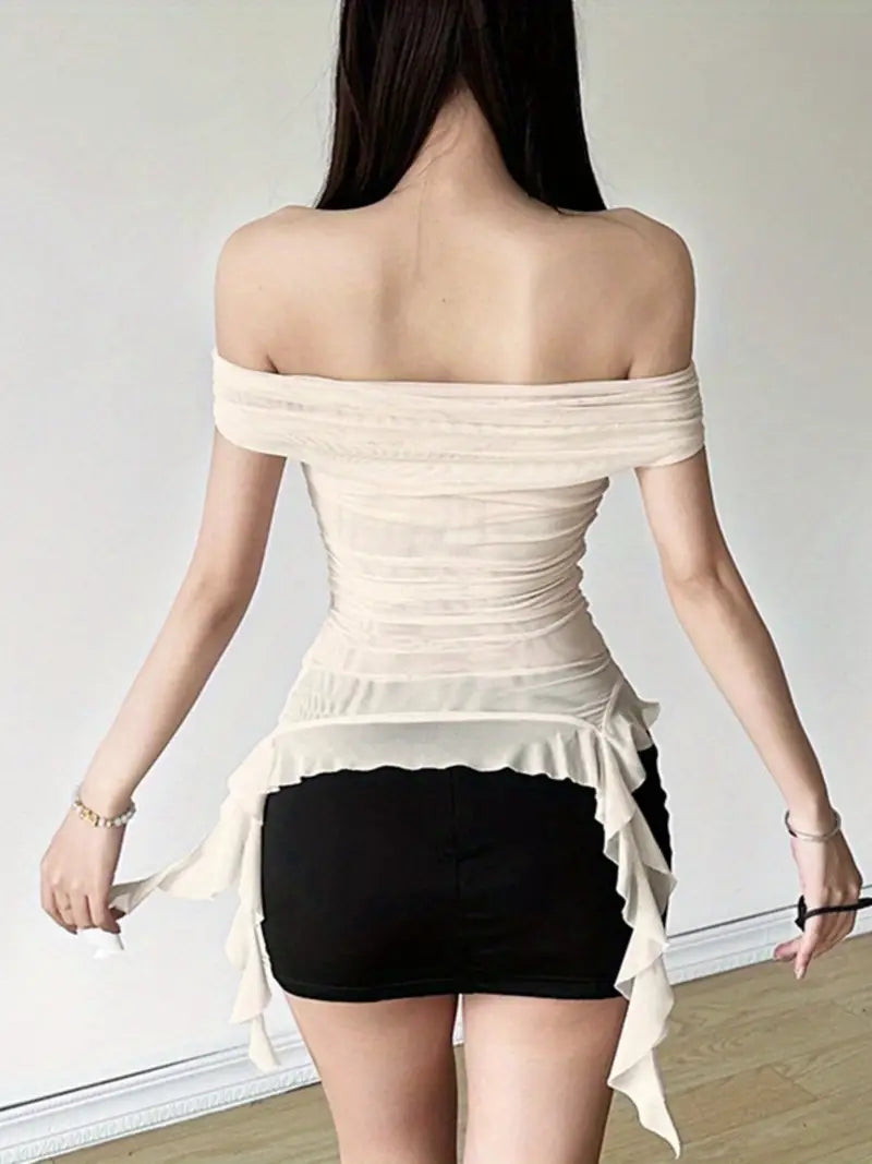 Women Off Shoulder Tops Solid Color Mesh Sheer Boat Neck Casual T-Shirts Summer Ruffles Slim Fit Shirts Streetwear